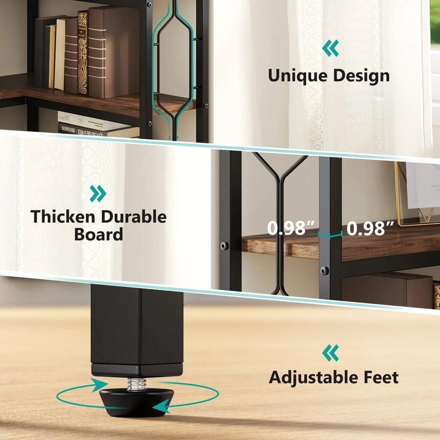 Hoekboekenkast Stellingkast Hoekkast Hout en Metaal 7-Tier Boekenkast Industriële – Opbergplank Vrijstaand Rustieke Bruine Afwerking