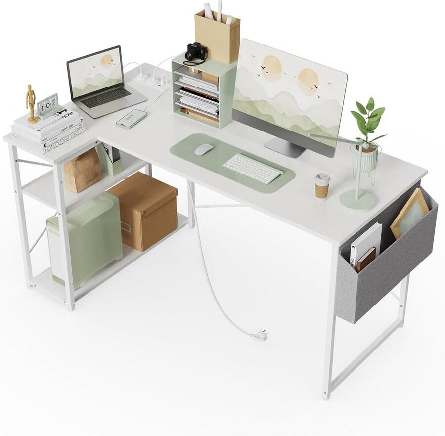 Bureautafel Klein Hoekbureau met Stopcontacten 120x70 cm L-vormig Computerbureau Schrijftafel Omkeerbare Grote Opbergplanken Boekenplank Werkstation voor Studie Speel Werk Slaapkamer Thuis Kantoor