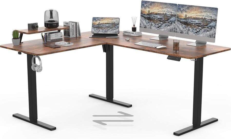 Hoekbureau 160x140 cm L-vorm Hoogte Verstelbaar met Motor Plank en Geheugen Bedieningspaneel