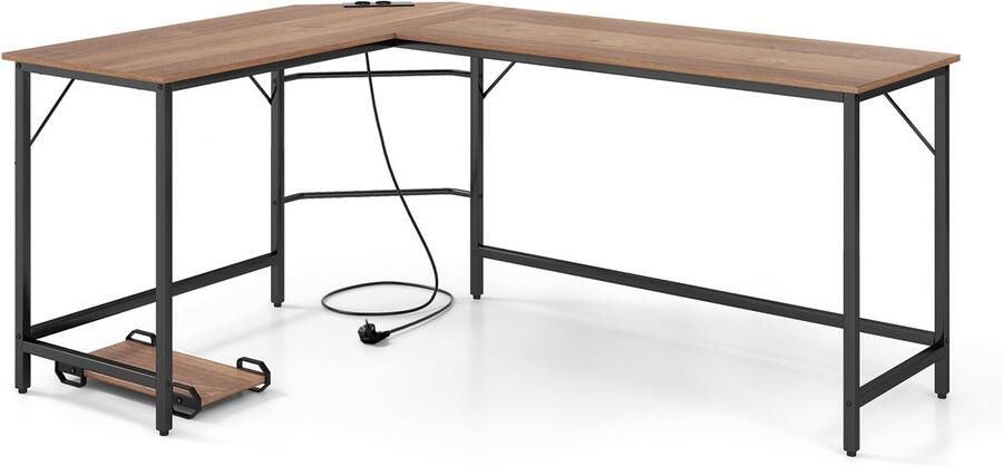 COSTWAY L-vormig bureau met stopcontacten en CPU-standaard hoektafel computertafel bureautafel voor thuiskantoor 168 x 125 x 74 5 cm naturel