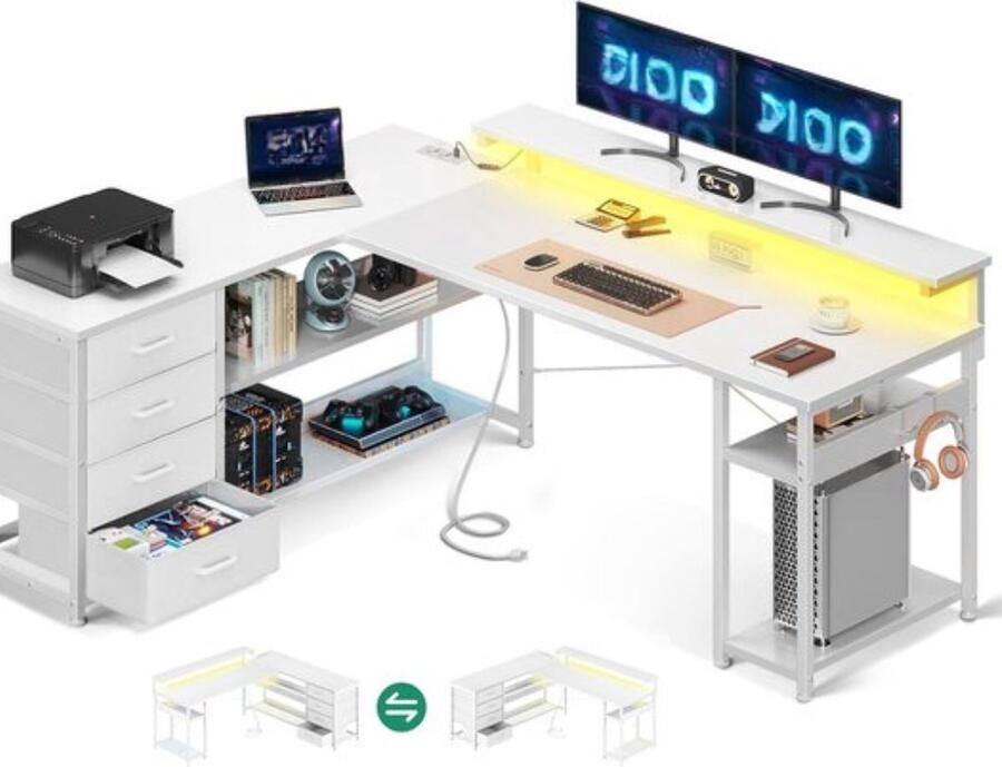 Hoekbureau Bureau met laden Omkeerbaar Stopcontacten USB-oplaadpoorten LED L-vormig Thuiskantoor Wit 155 x 110 cm Hoekbureau