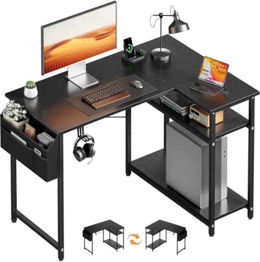Hoekbureau computertafel met verstelbare planken omkeerbaar bureau L-vorm met hoofdtelefoonhouder en opbergtas 110 x 80 cm bureautafel voor thuiskantoor en gaming zwart