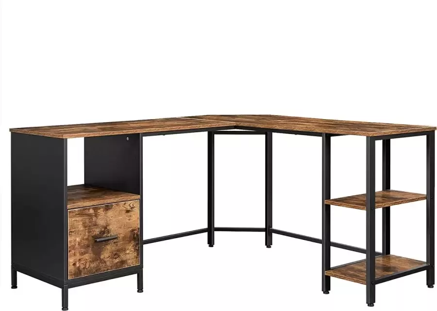 Hoekbureau Fabrice 150 cm met kastje & legplanken rustiek bruin zwart - Foto 2