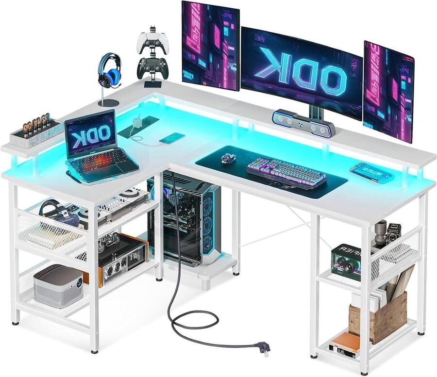 Hoekbureau Gaming-bureau LED-speeltafel Omkeerbaar Grote Opbergruimte Wit 150x102 cm met Stopcontacten USB-oplaadpoorten Hoekbureau - Foto 2