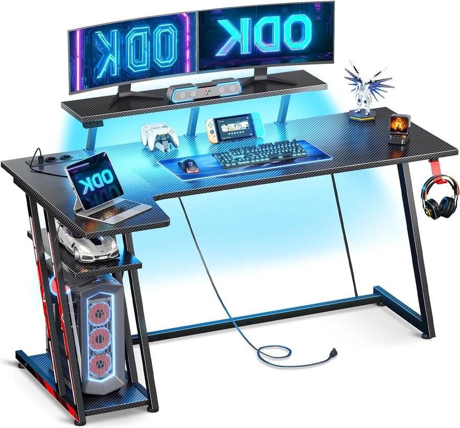 Hoekbureau Gaming L-vormige met LED en Stopcontacten Monitorstandaard PC Computer Bureau Opbergruimte Carbon Fiber Zwart 140 cm Hoekbureau