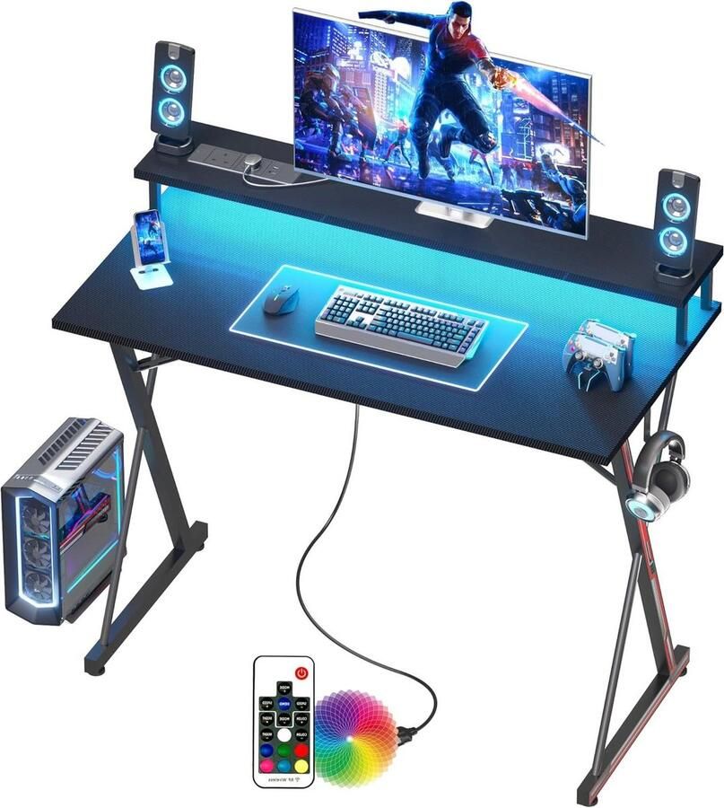 Hoekbureau Gaming Stopcontacten LED 120x50cm Ergonomisch Computer Bureau Grote Monitorstandaard Hoofdtelefoonhaak Moderne X Frame Tafel Werkstation Studie Speel Werk Slaapkamer Thuis Kantoor Hoekbureau