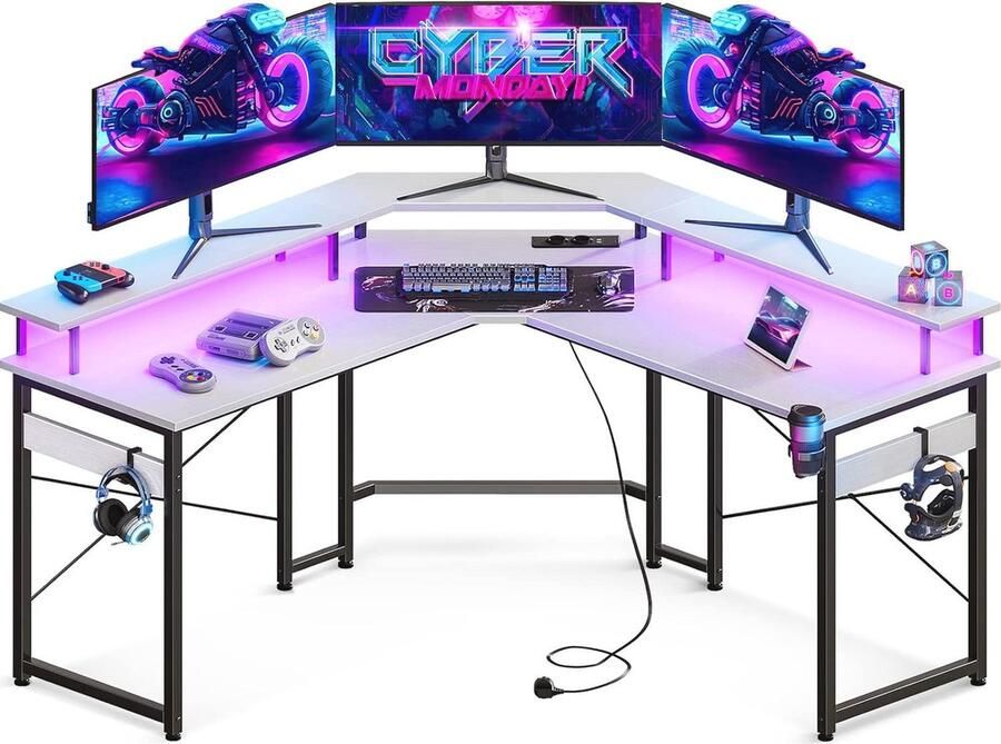 Hoekbureau Gaming-tafel met stopcontacten USB-oplaadaansluitingen LED Wit Royale monitorplank Gaming en thuiskantoor 129 x 129 cm Hoekbureau