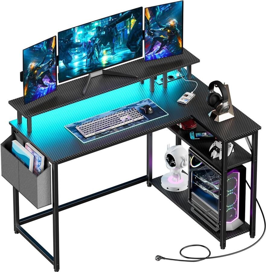 Hoekbureau gamingtafel met led en lange monitorstandaard bureau L-vorm met USB-oplaadpoort en stopcontact en zijvakken computertafel hoektafel voor thuiskantoor koolstofvezel