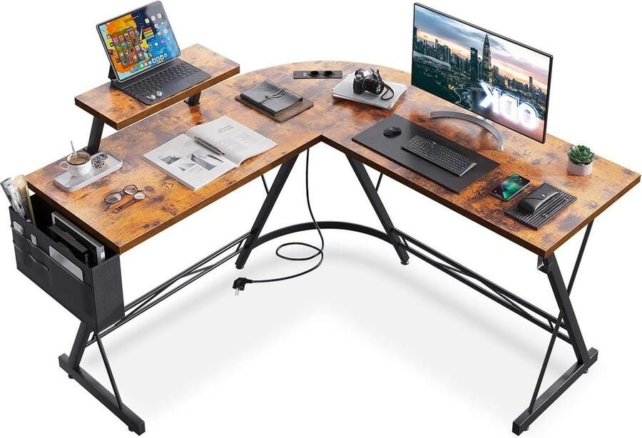 Hoekbureau Gamingtafel met Stopcontacten USB-oplaadpunten Ronde Hoek Monitorplank 127 x 127 cm (Wijnrood) Hoekbureau