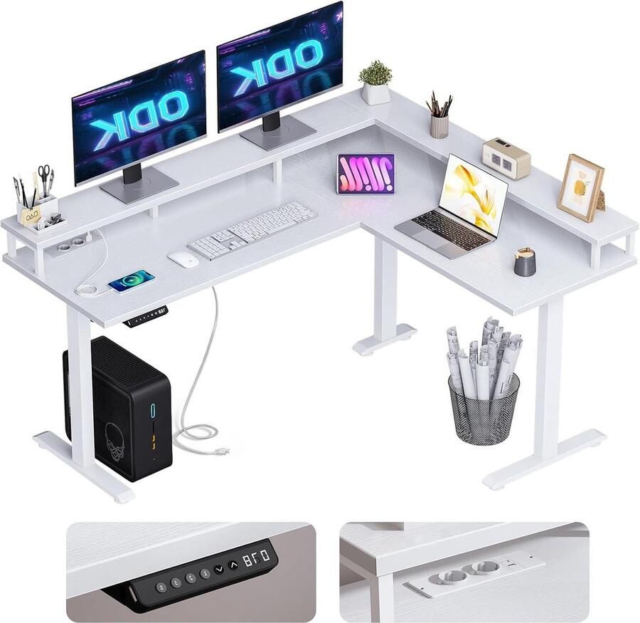 Hoekbureau in hoogte verstelbaar L-vorm elektrisch bureau 2 USB-poorten 2 stopcontacten 150 x 120 cm wit Hoekbureau