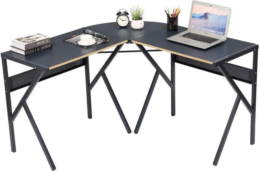 Hoekbureau Industrieel L-vorm Grote Ruimte Thuisbureau Speeltafel Metalen Frame Donkerblauw MDF 125 x 125 x 75 cm Hoekbureau