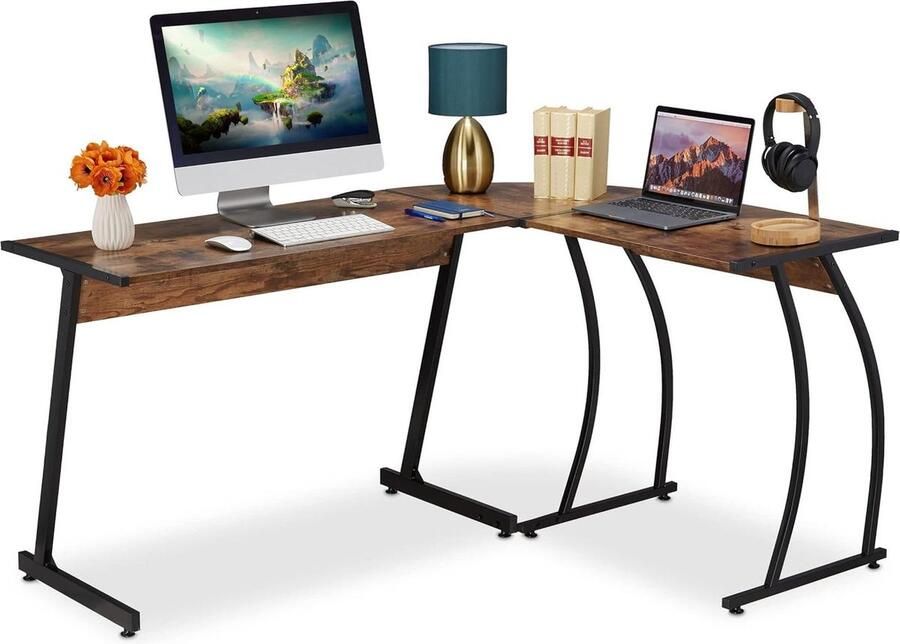 Bureautafel Hoekbureau industrieel ronde hoek thuiswerkplek HBD 73 x 148 x 112 cm kantoor groot bureau bruin-zwart met veel ruimte