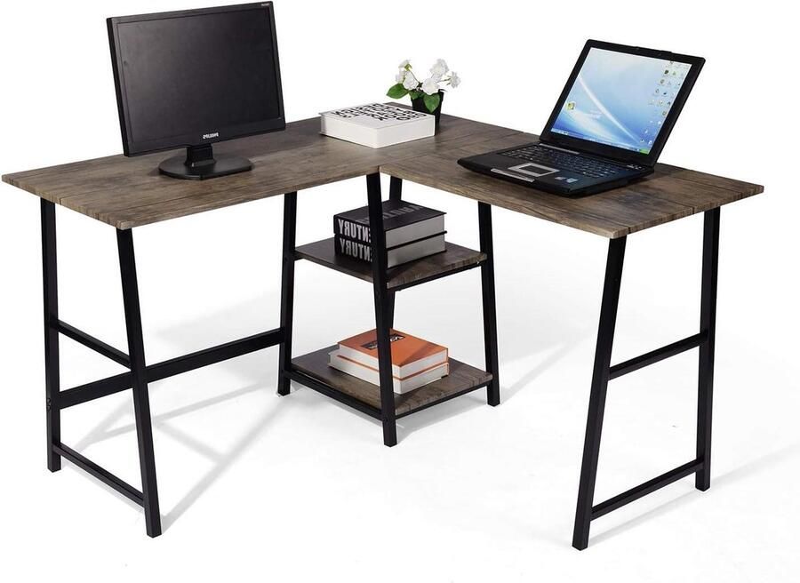 Hoekbureau Industriële stijl Computerhoekbureau L-vorm voor studie spelen 120 x 120 x 75 cm Bruin MDF Hoekbureau