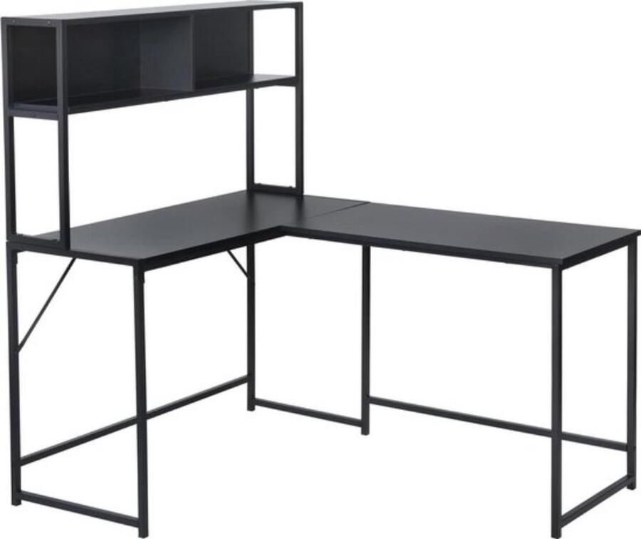 Hoekbureau L-Shape groot gaming bureau modern minimalistisch design zwart hout 138 x 110 x 75-135 cm met 2 metalen planken Hoekbureau