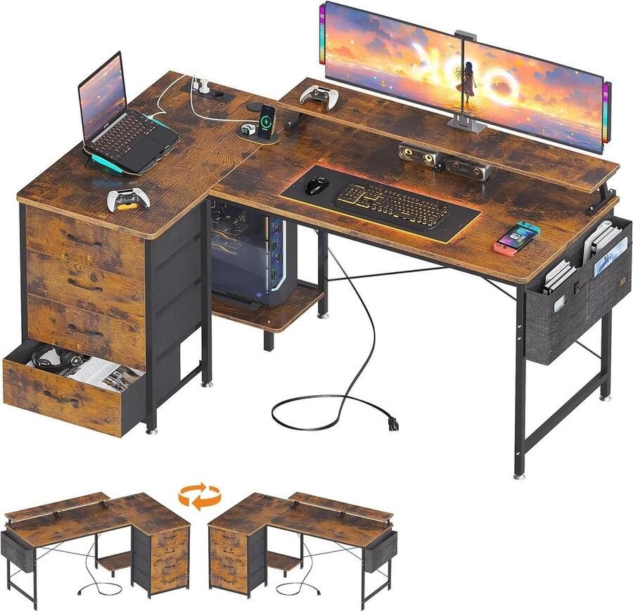 Hoekbureau L-vorm 140x80x74 cm omkeerbaar met 4 laden en monitorplank tafel L-vorm met USB-oplaadpoorten en stopcontacten thuiskantoor bruin Hoekbureau