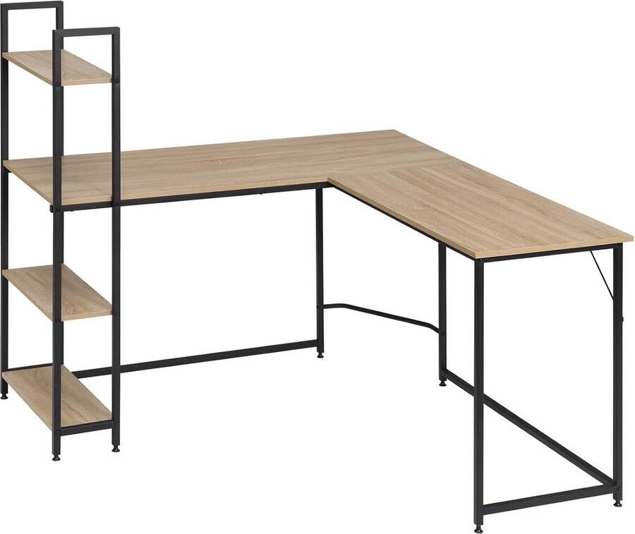 Hoekbureau L-vorm hoekbureau bureau met 4 planken 138 x 50 cm en 80 x 50 cm industrieel design werktafel voor thuiskantoor