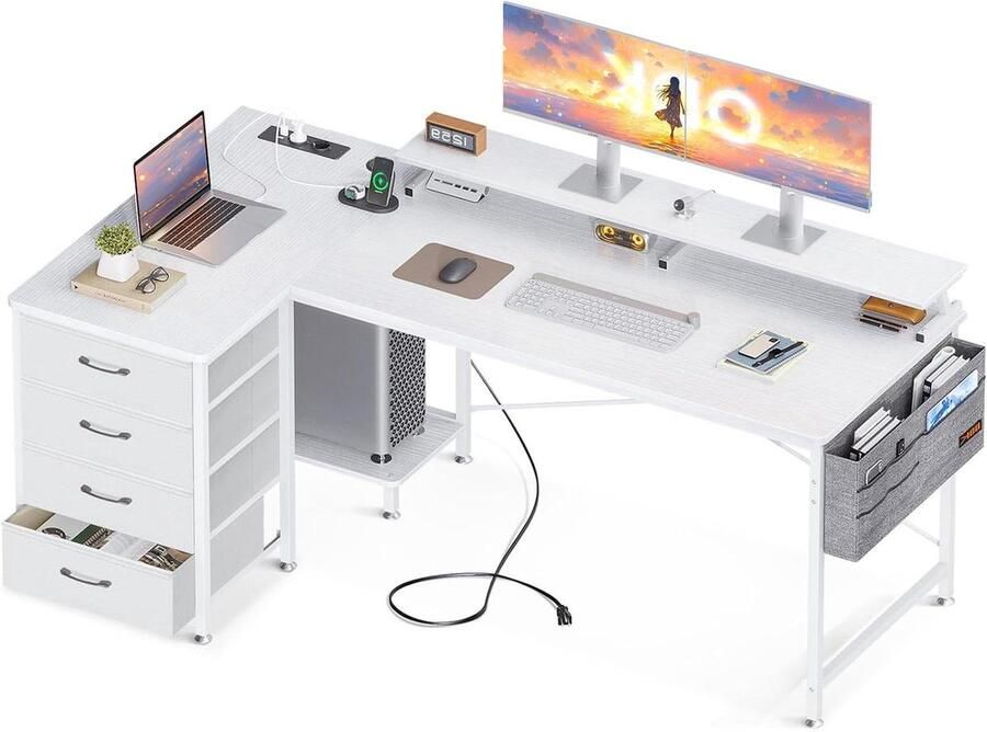 Bureautafel Hoekbureau L-vorm met opbergruimte 160 x 80 x 847 cm USB-oplaadpoorten stopcontacten 4 laden monitorplank thuiskantoor wit