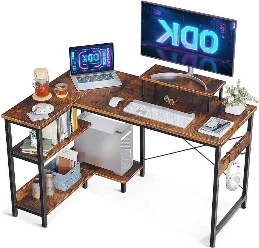 Hoekbureau L-vorm met opbergvakken en monitorstandaard 120 x 80 x 75 cm omkeerbaar thuiskantoor bruin Hoekbureau