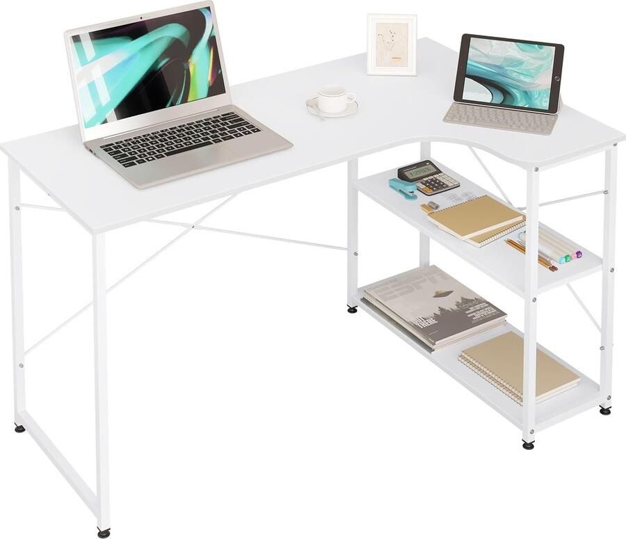 Hoekbureau L-vormig bureau met 2 planken bureautafel computertafel pc-tafel hoektafel groot voor kantoor thuiskantoor gaming industrieel design 120 x 71 5 x 74 cm wit