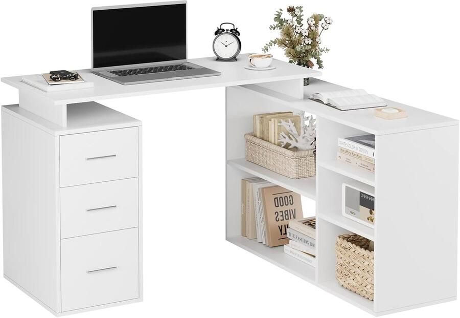 Hoekbureau L-vormig Bureau voor Kinderen Computertafel voor Volwassenen met 3 Laden en 5 Planken voor Thuiskantoor 129 x 104 x 76 cm Wit