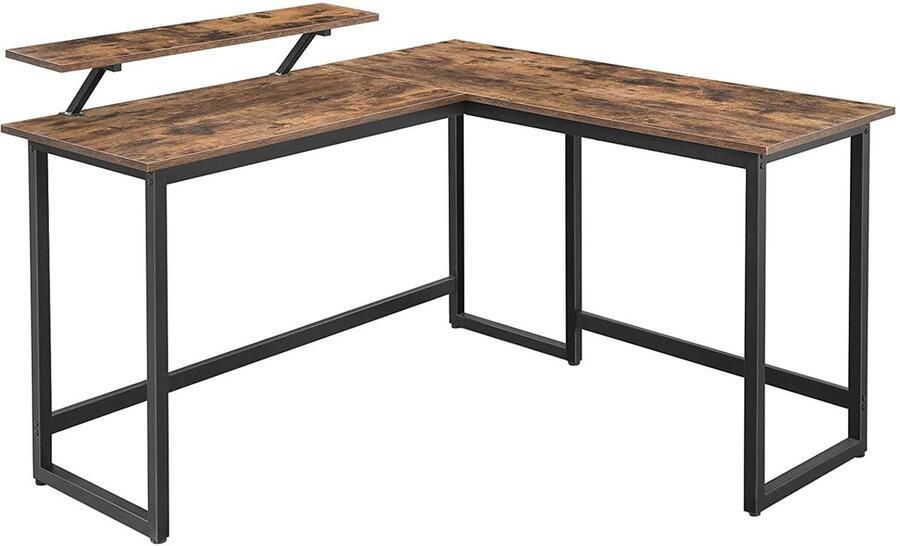 Hoekbureau L-vormig Computertafel Bureau met monitorstandaard geschikt voor thuiswerken studeren schrijven en gamen eenvoudig te monteren ruimtebesparend 140 x 130 x76 91 5cm bruin+zwart