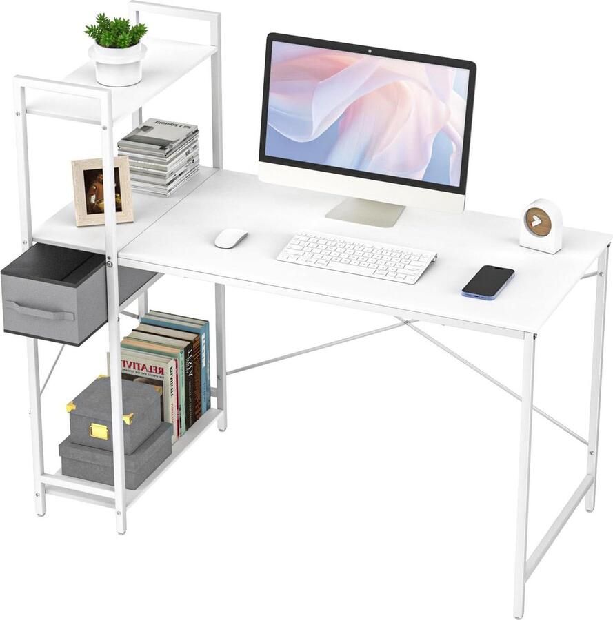 Hoekbureau L-vormig computertafel met planken voor thuiskantoor Modern schrijfbureau met lade Hoekbureau