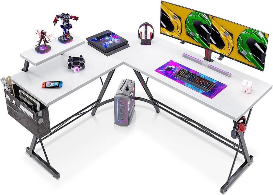 Hoekbureau L-vormig Gamingbureau Grote monitorstandaard Thuiskantoor Schrijven Werkplekken Helder wit 147 x 120 cm Hoekbureau