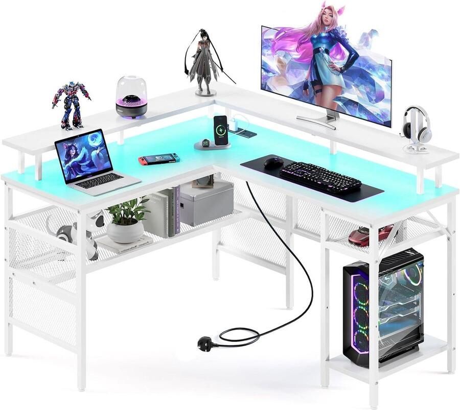 Hoekbureau L-vormig gamingbureau stopcontact monitorstandaard wit Hoekbureau