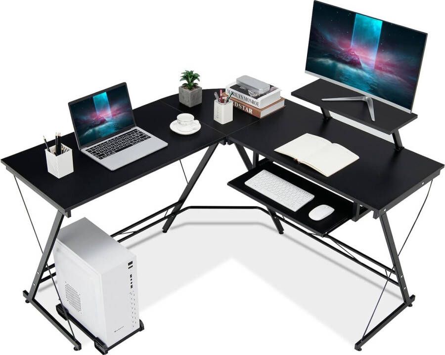 Hoekbureau L-vormige computertafel met beweegbare standaard afneembare monitorplank en uittrekbare toetsenbordplank bureau voor gaming thuiskantoor 130 x 126 5 cm