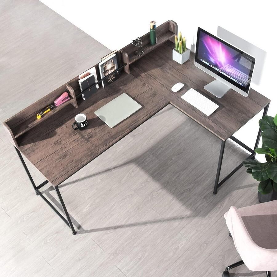Hoekbureau Laptoptafel voor Gaming Ruim L-vormig Bureau met Metalen Planken 165 x 55-110 x 75-95 cm Hoekbureau