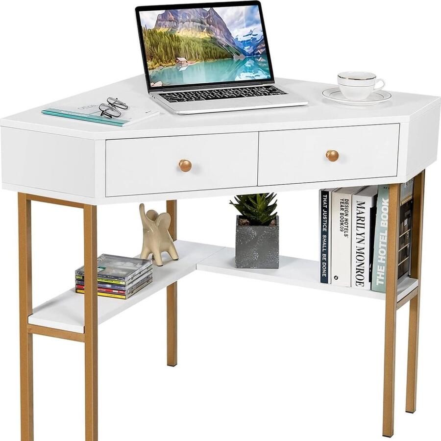 Hoekbureau met 2 lades en planken hoektafel met driehoekig tafelblad 70 x 70 x 75 cm houten bureau en metalen frame bureautafel computerbureau hoekbureau (wit)