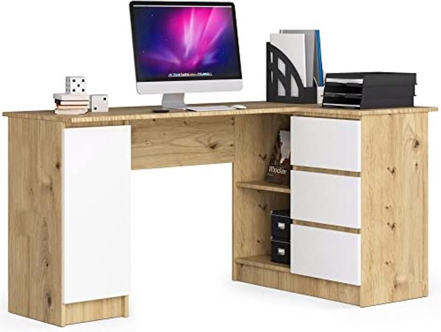 Hoekbureau met 3 Laden en 2 Planken voor Thuiswerkplek – Compact en Duurzaam – Afmetingen B155 x H77 x D85 cm