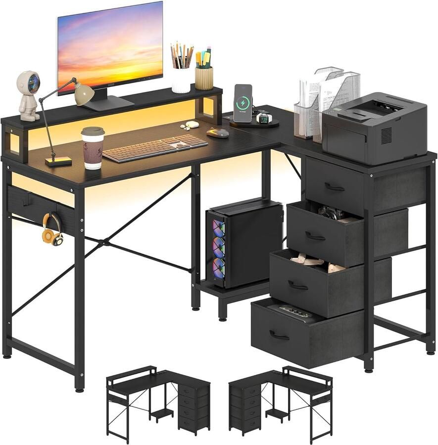 Hoekbureau met 4 Laden en Oplaadstation Omkeerbaar L-vormig Bureau met RGB-verlichting Ergonomisch Ontwerp voor Thuis en Kantoor