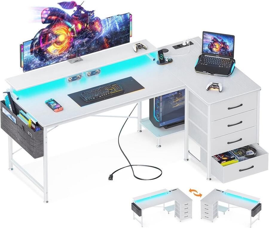 Hoekbureau met 4 Laden en USB-laadpunten Omkeerbare Gamingtafel met Monitorstandaard voor Thuiskantoor (Wit 160x80x84.7cm)