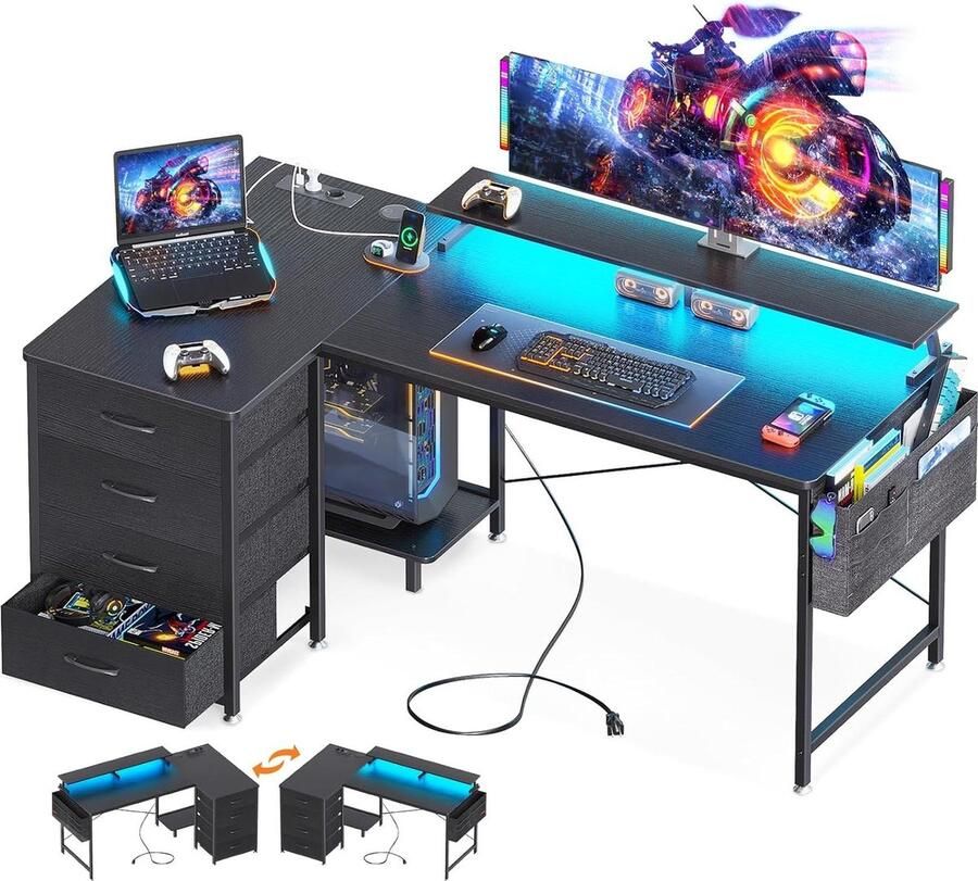 Hoekbureau met 4 laden Omkeerbaar L-vormig bureau Gamingtafel met leds Monitorstandaard Thuiskantoor Zwart 140 x 80 x 85 cm Hoekbureau