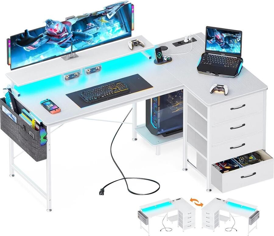 Hoekbureau met 4 stoffen laden omkeerbaar bureau L-vorm met stopcontacten en USB-oplaadaansluiting Gamingtafel met led en monitorstandaard voor thuiskantoor (wit 140 x 80 x 85 cm)