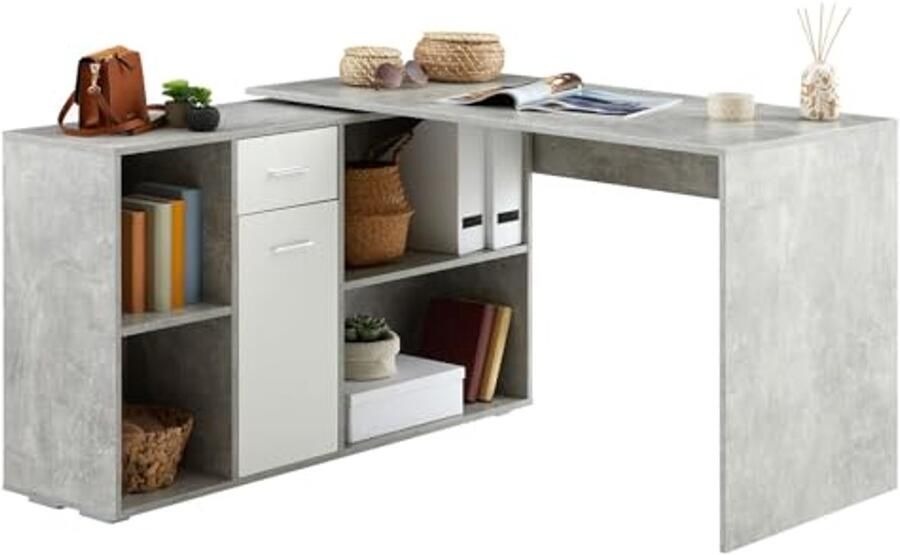 Hoekbureau met Kastelement voor Thuiskantoor Moderne Bureautafel in Betonpatroon