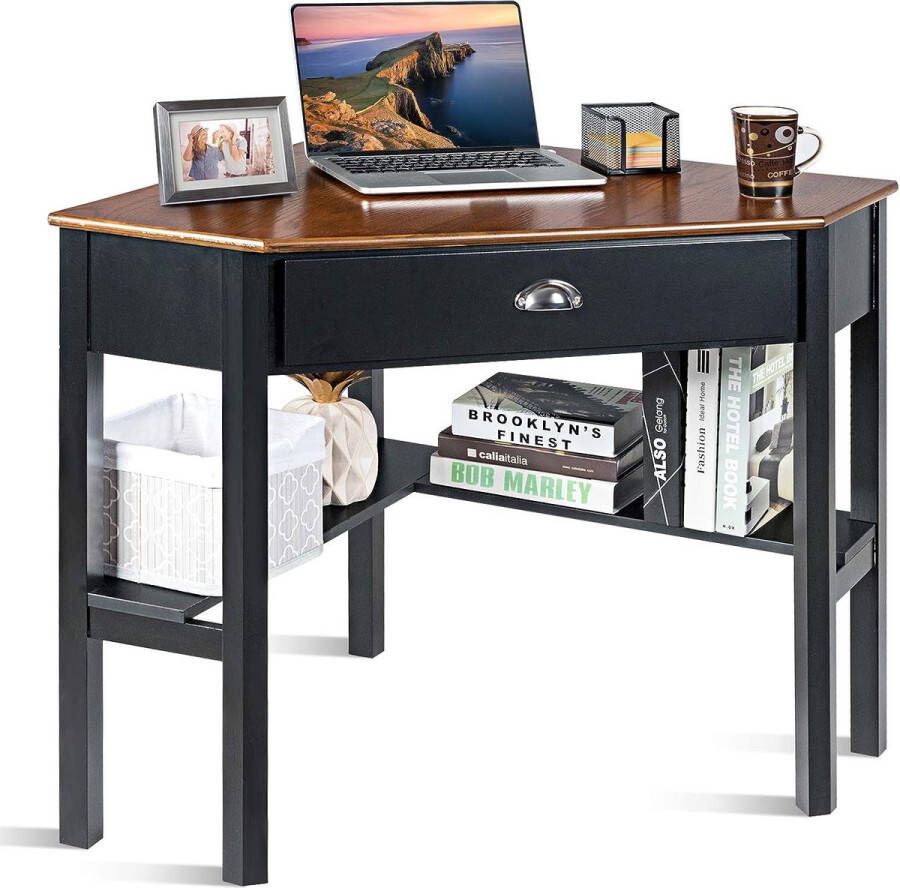 Hoekbureau met lade en plank L-vormige hoektafel computertafel ruimtebesparend bureau bureautafel werktafel voor thuiskantoor 75 x 75 x 76 cm (zwart + bruin)