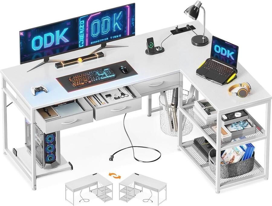 Hoekbureau met Laden en Stopcontacten Verstelbaar Computer- en Gaming Bureau voor Thuiskantoor 135 x 100 cm Wit