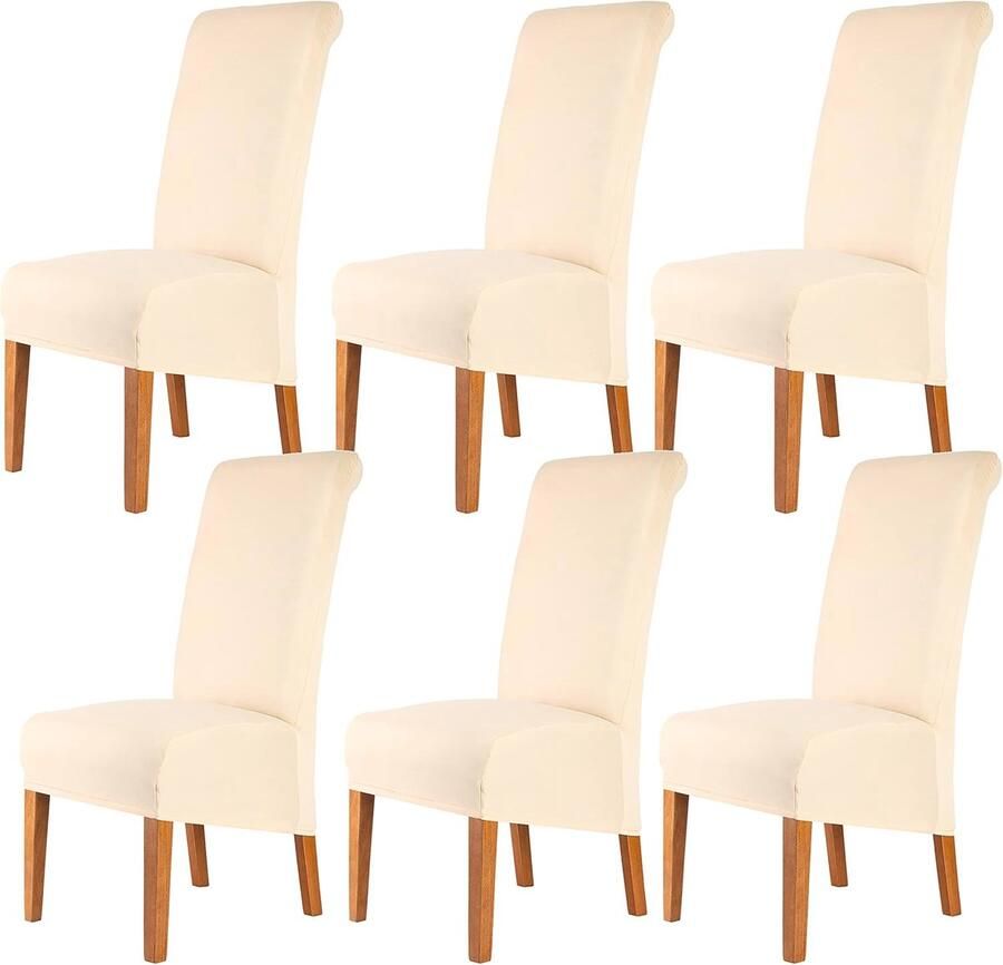 Stoelhoezen met hoge rug wasbare stretch spandex stof set van 6 voor eetkamer en keuken crème kleur