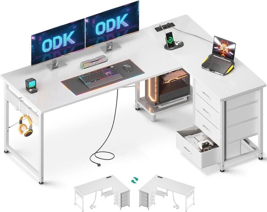 Hoekbureau met lades L-vormig ontwerp met USB-oplaadpoort en stopcontacten voor thuiskantoor wit 155×110 cm