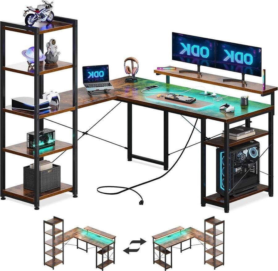 Hoekbureau met led verlichting omkeerbare computertafel boekenkast bureautafel 2 stopcontacten 2 USB-oplaadaansluitingen vintage bruin 137 x 140 cm Hoekbureau