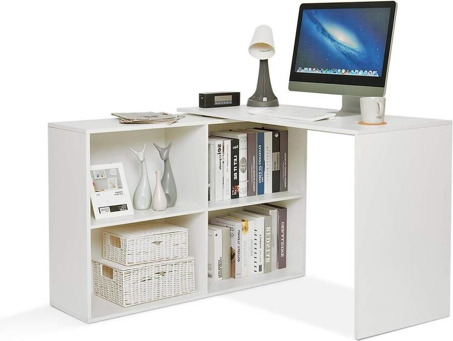 Hoekbureau met opslag 4 legplanken omkeerbaar hout 106 (l) x 106 (d) x 745 (h) cm (wit) Hoekbureau