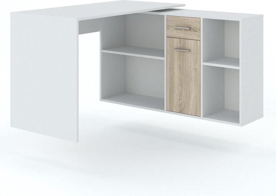 Hoekbureau met planken Hoogte 75 cm 6 Legplanken 1 lade 1 deur Kastruimte van gelaagde plaat Afwerking Glanzend wit en sonoma Diego breedte 122 cm Hoekbureau