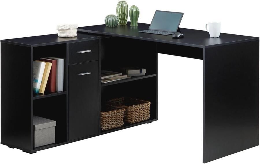 Hoekbureau met Rek Bureautafel 120 x 75 cm Zwart Met Lade en Vakken voor Dossieropslag