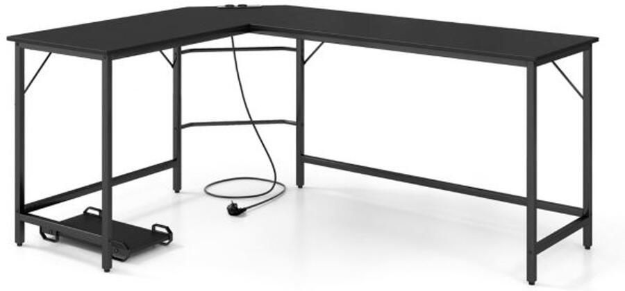 Hoekbureau met Stopcontact en CPU-standaard 168 cm Studiebureau met Stevig Metalen Frame (Natuur Bruin Zwart)