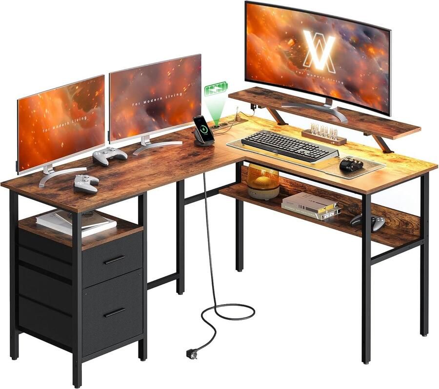 Hoekbureau met Stopcontacten en LED-Verlichting L-vormig Computerbureau voor Thuiswerk