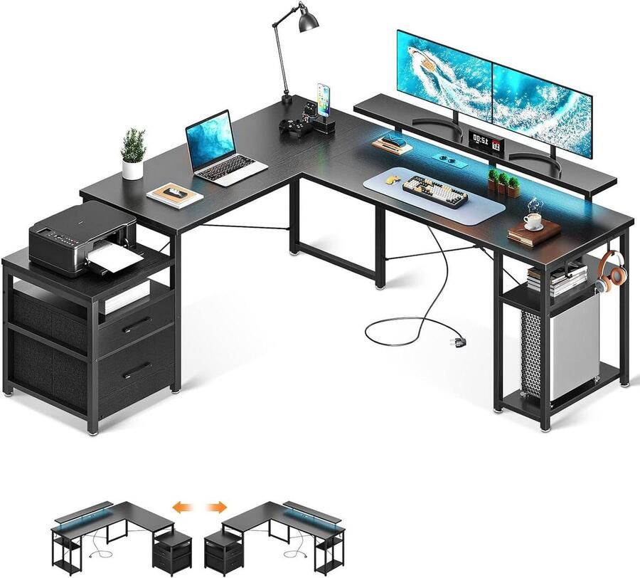 Bureautafel Hoekbureau 168 x 160 cm omkeerbaar zwart USB-oplaadpoort-stopcontact plank-opbergkast L-vorm thuiskantoor