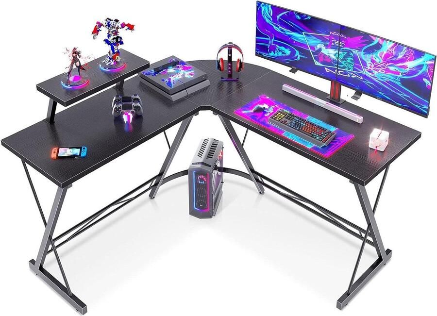 Hoekbureau modern L-vorm computertafel zwart krasbestendig 129 x 129 x 46 cm met afneembare monitorplank Hoekbureau