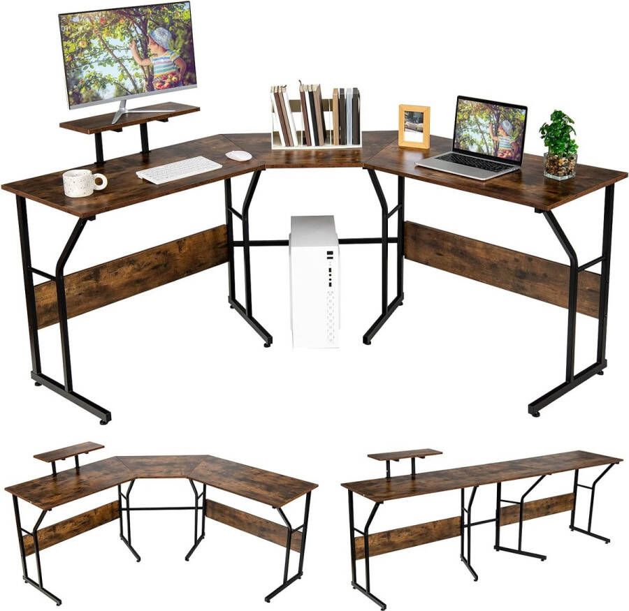 Hoekbureau omkeerbaar L-vormig bureau met monitorstandaard bureautafel computertafel pc-tafel gamingtafel voor gaming-thuiskantoor (vintage)